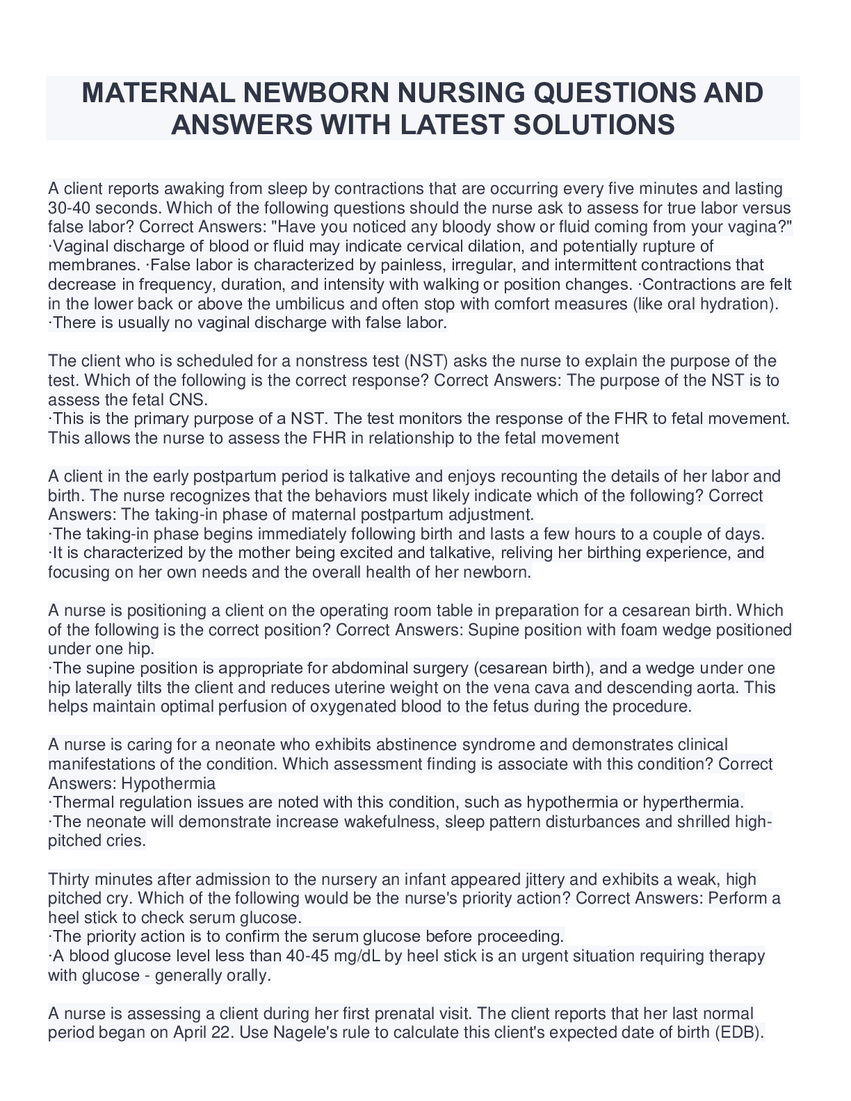 Preview image for ATI MATERNAL NEWBORN NURSING QUESTIONS AND ANSWERS WITH LATEST SOLUTIONS